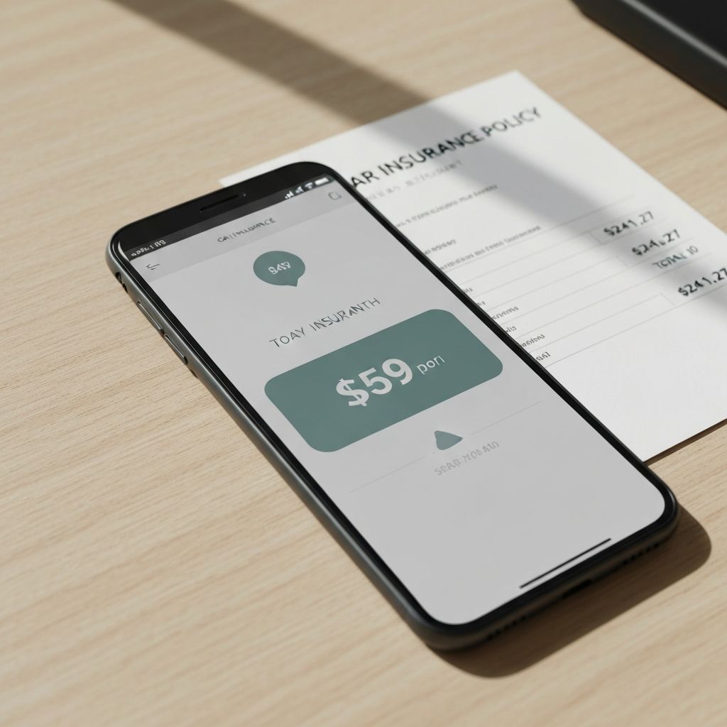 Phone showing $59/month insurance quote compared to $241.27 policy statement