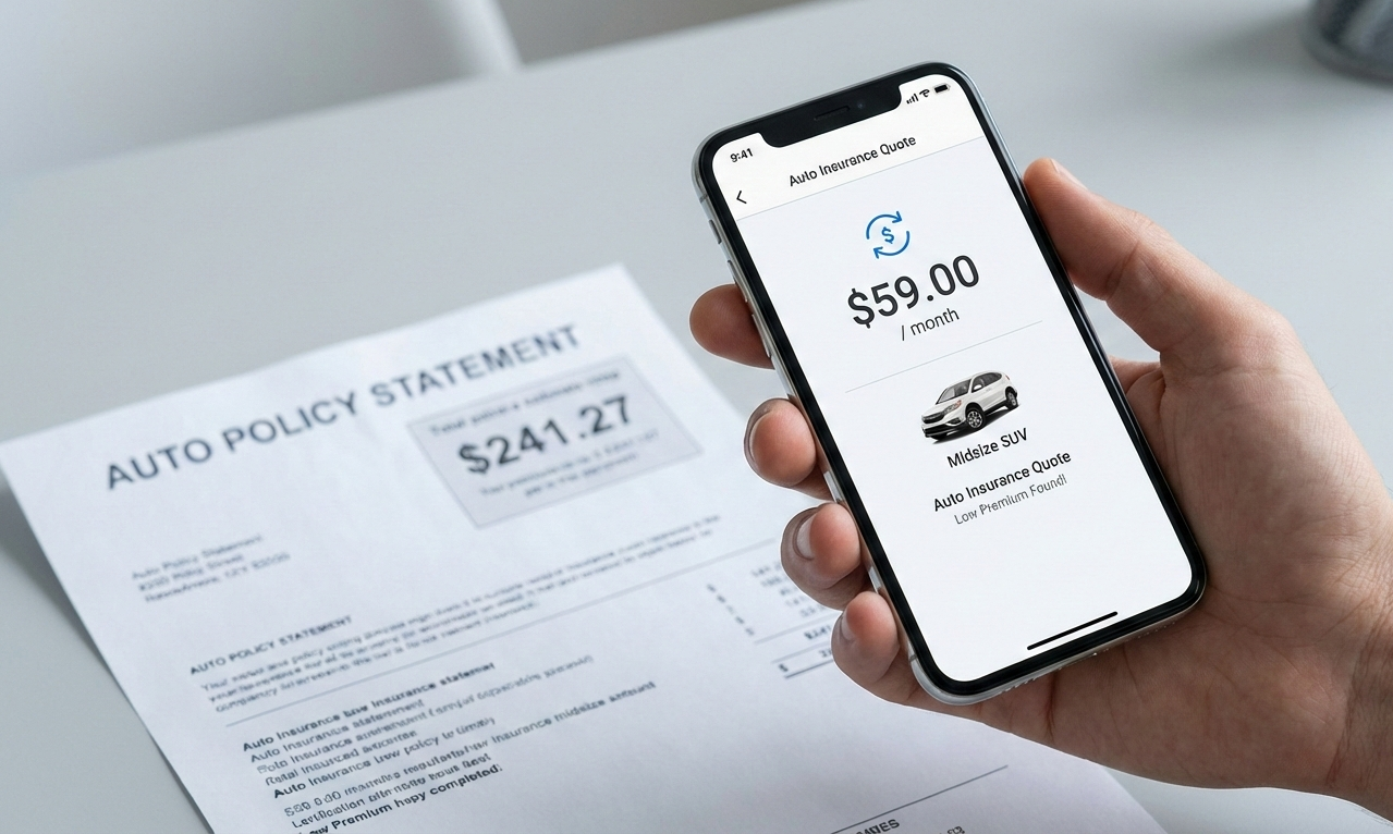 Phone showing $59/month insurance quote compared to $241.27 policy statement